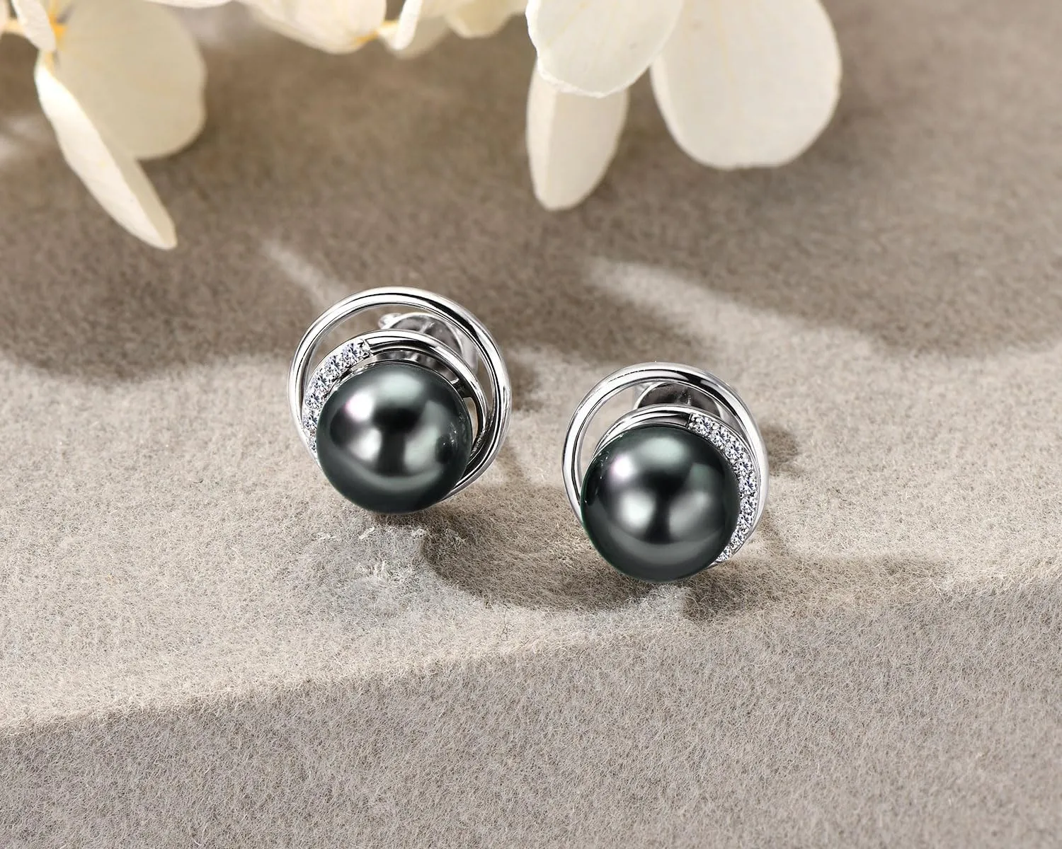 Sterling Silver Tahitian Black Pearl Stud Earrings, Genuine Black Pearls with Moissanite Anniversary Mother's Day Jewelry Gifts for Women