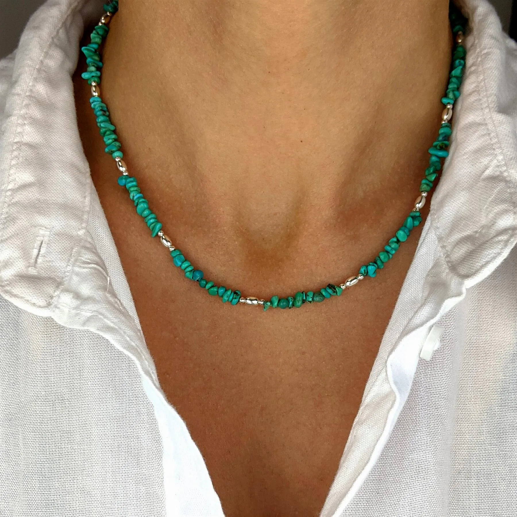 Sterling SIlver Turquoise Chip Bead Gemstone Strand Necklace