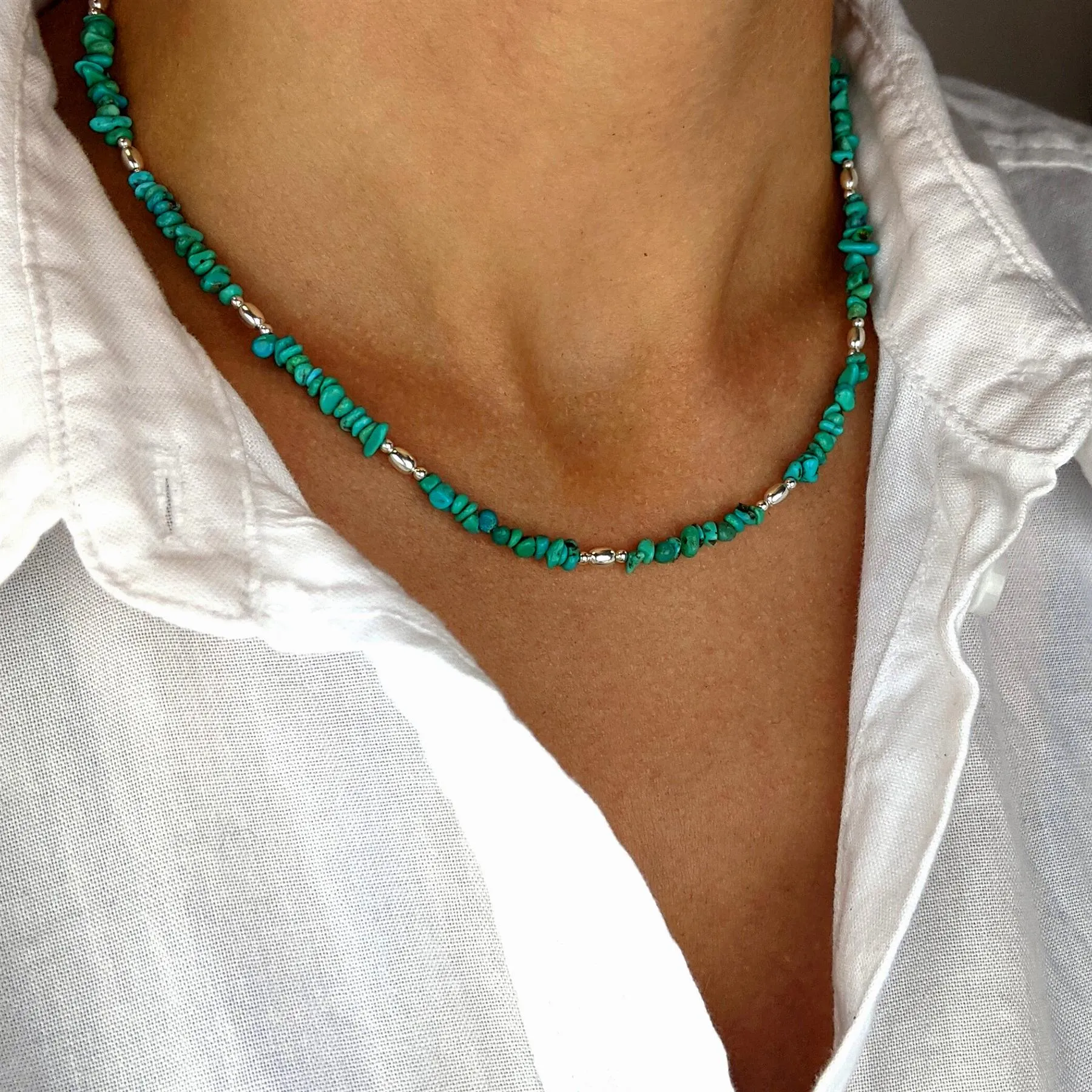 Sterling SIlver Turquoise Chip Bead Gemstone Strand Necklace