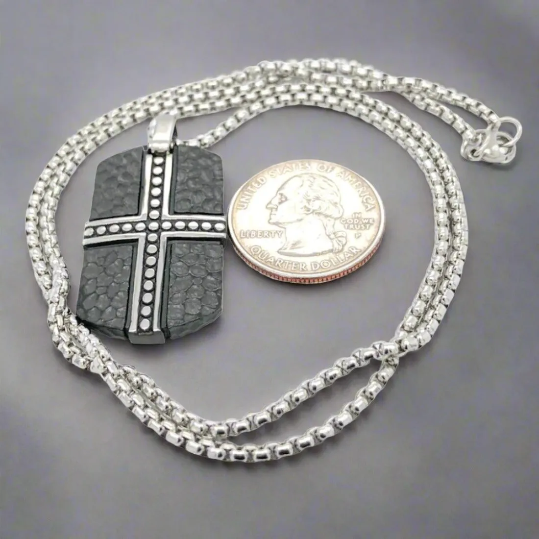 STST Black IP Textured Cross Dog Tag Pendant