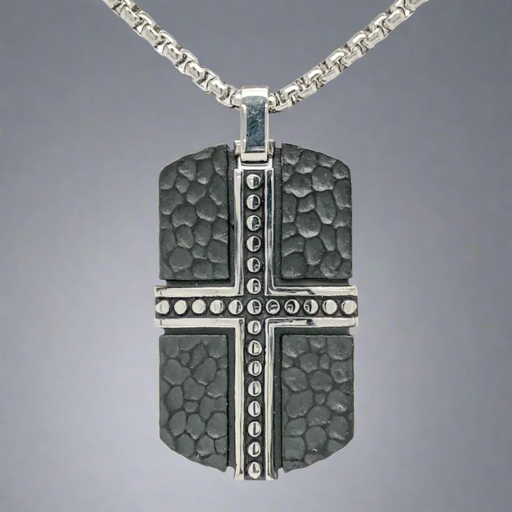 STST Black IP Textured Cross Dog Tag Pendant
