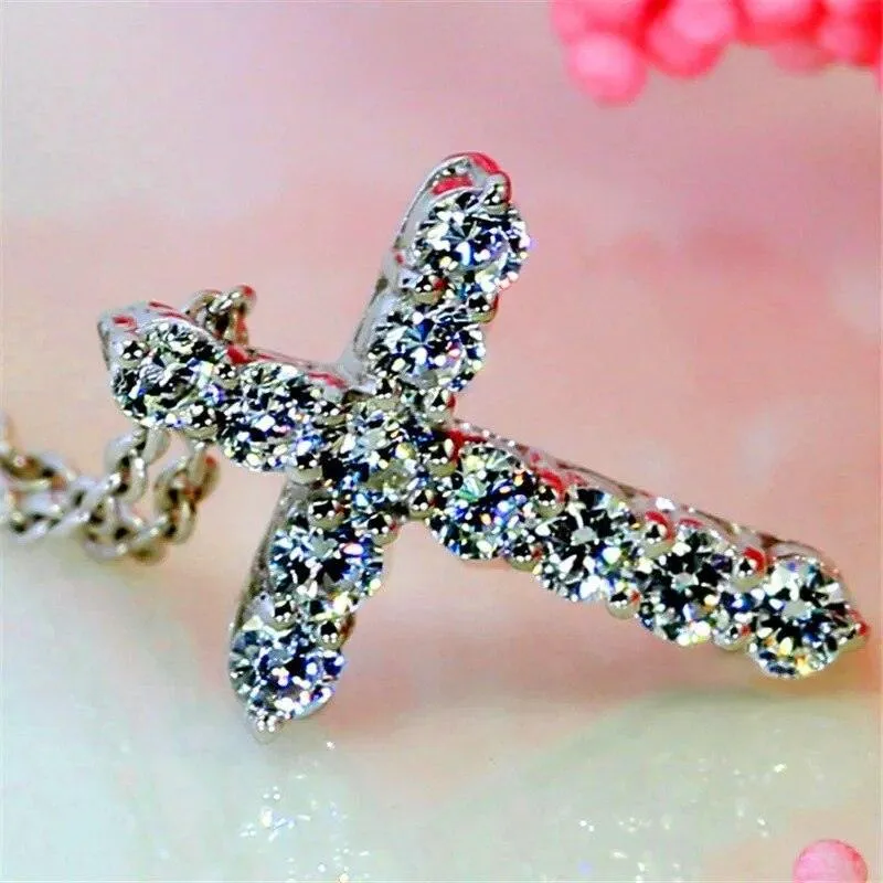 Stunning AAA  CZ Zirconia Crystals Cross Silver Pendant Necklaces For Women. Trendy Christian Jewellery