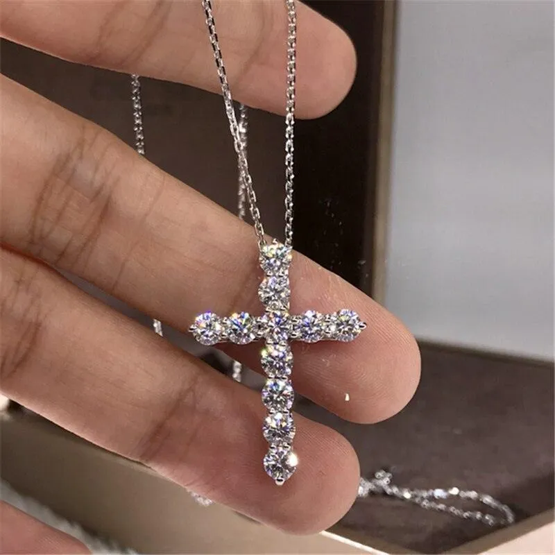 Stunning AAA  CZ Zirconia Crystals Cross Silver Pendant Necklaces For Women. Trendy Christian Jewellery