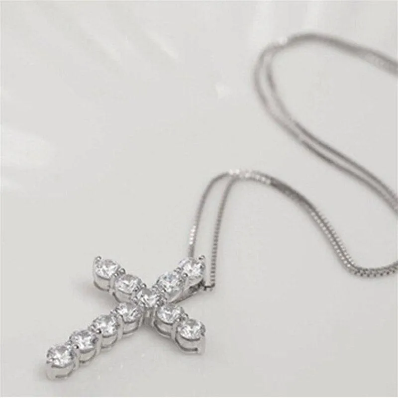 Stunning AAA  CZ Zirconia Crystals Cross Silver Pendant Necklaces For Women. Trendy Christian Jewellery