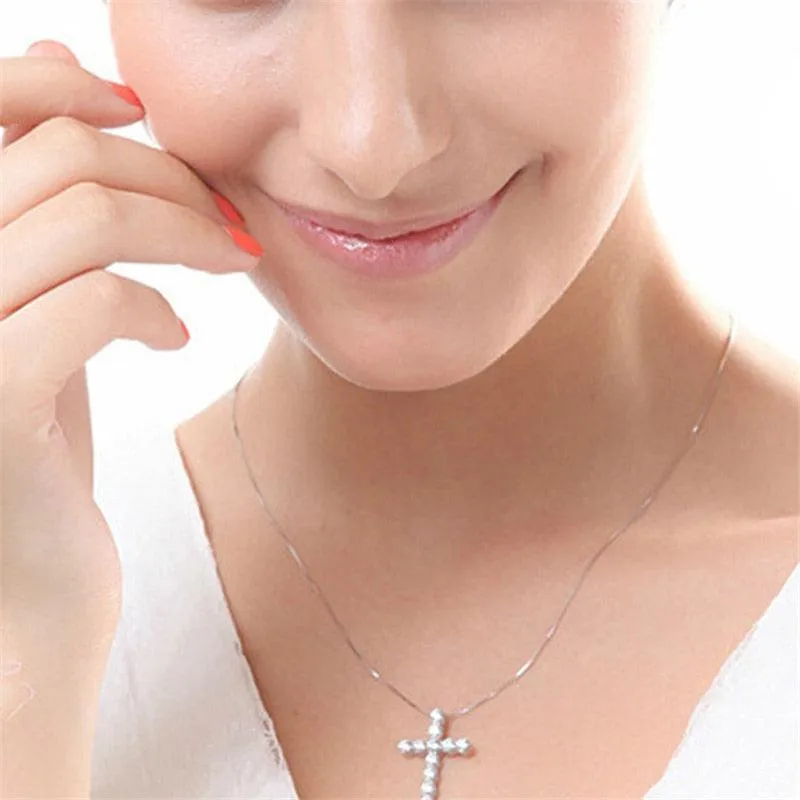Stunning AAA  CZ Zirconia Crystals Cross Silver Pendant Necklaces For Women. Trendy Christian Jewellery