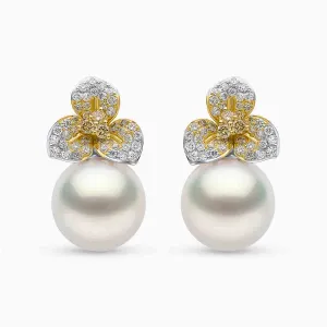 Sunrise 18k Gold South Sea Pearl Petal Motif Diamond Stud Earrings