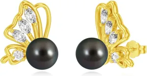 Tahitian Black Pearl Earrings 18K Gold Plated Sterling Silver Butterfly Stud Earrings Black Pearl Jewelry Birthday Wedding Gift for Women Mom Wife Mom