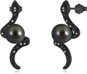 Tahitian Black Pearl Earrings 925 Sterling Silver Black Snake Stud Earrings Animal Snake Jewelry Pearl Gift for Wife Women Mom Jewelry for Wedding Birthday