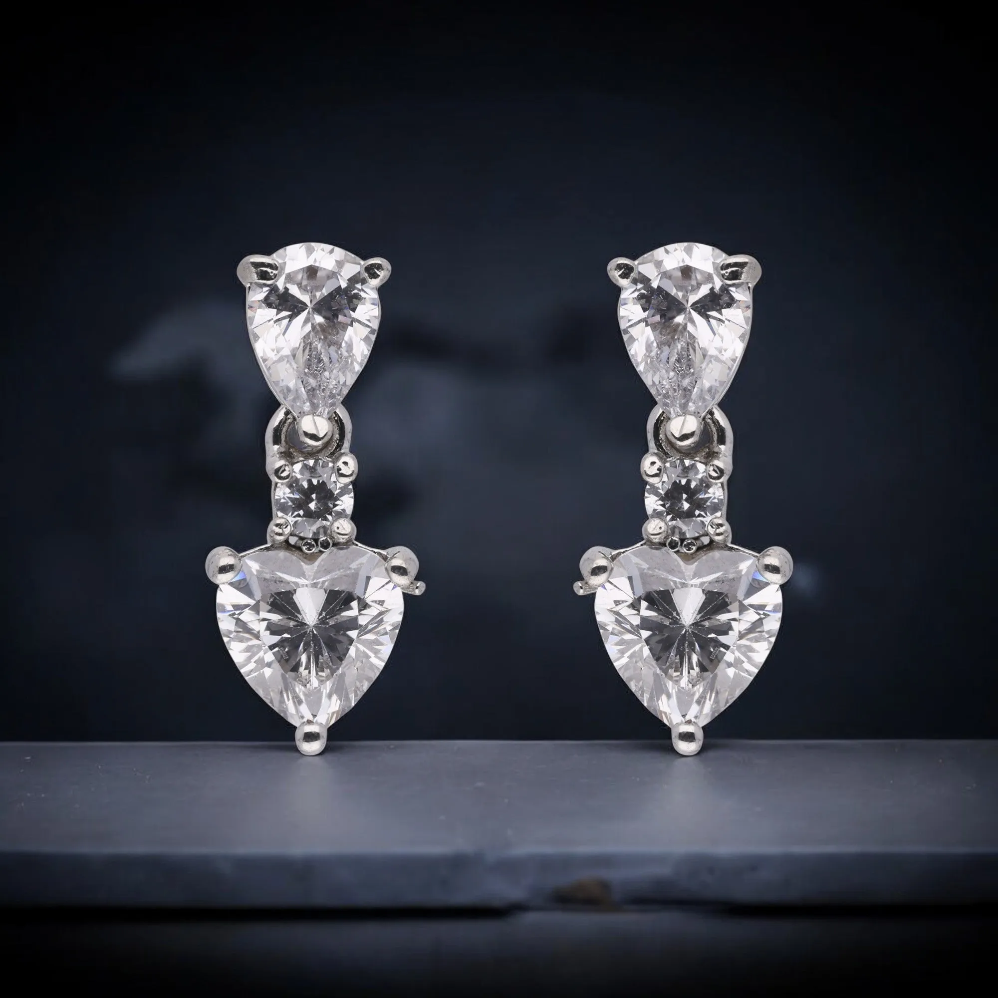 Tear Drop and Heart Cubic Zircon Silver Drop Earrings | SKU : 0020589042, 0020589028, 0003366080