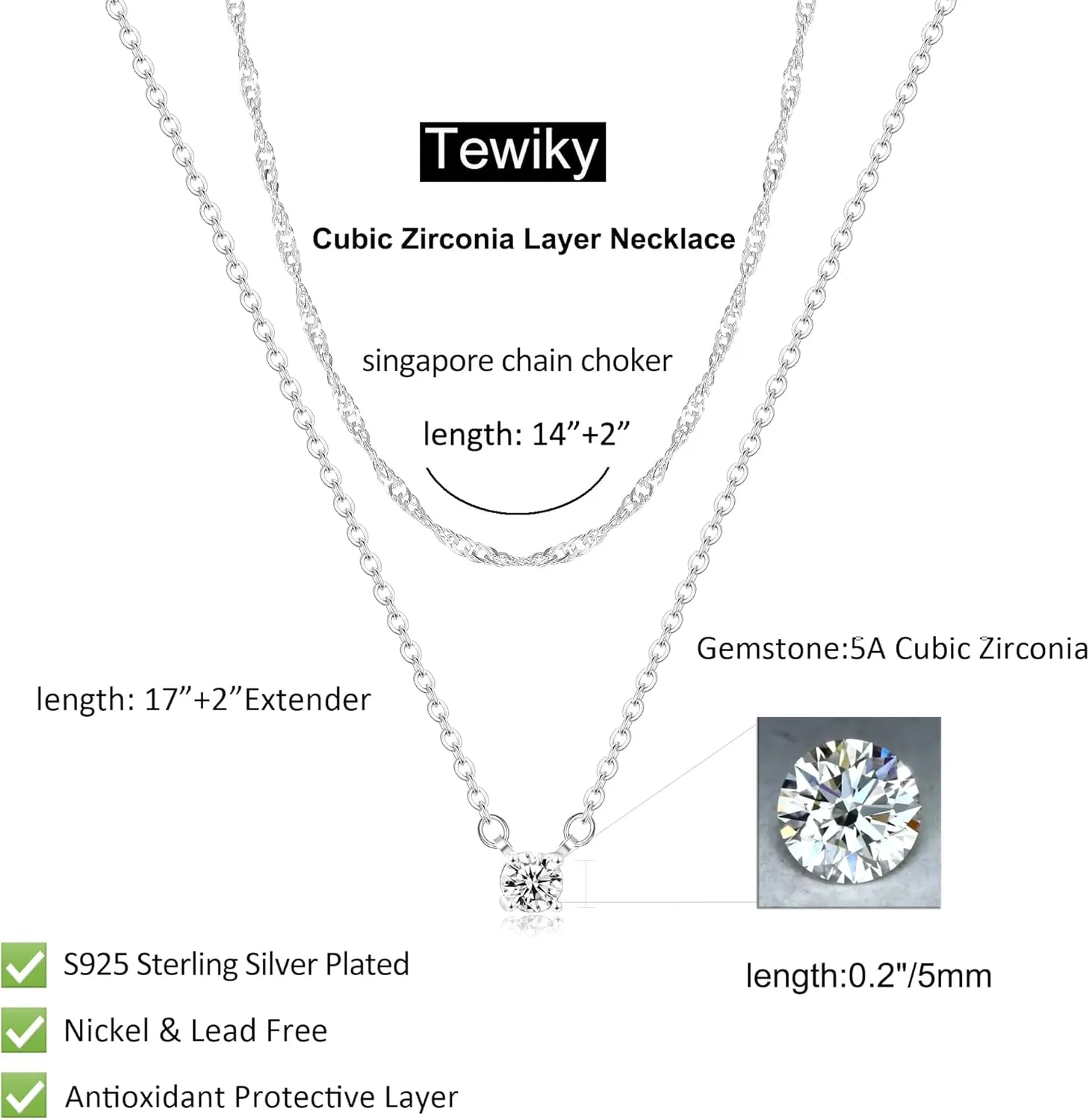 Tewiky Diamond Necklaces for Women, Dainty S925 Sterling Silver/ 14K Gold Choker Necklace Simple Silver CZ Jewelry Necklaces for Women Trendy Gifts