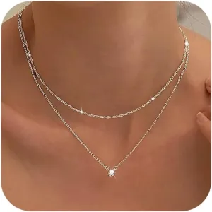 Tewiky Diamond Necklaces for Women, Dainty S925 Sterling Silver/ 14K Gold Choker Necklace Simple Silver CZ Jewelry Necklaces for Women Trendy Gifts