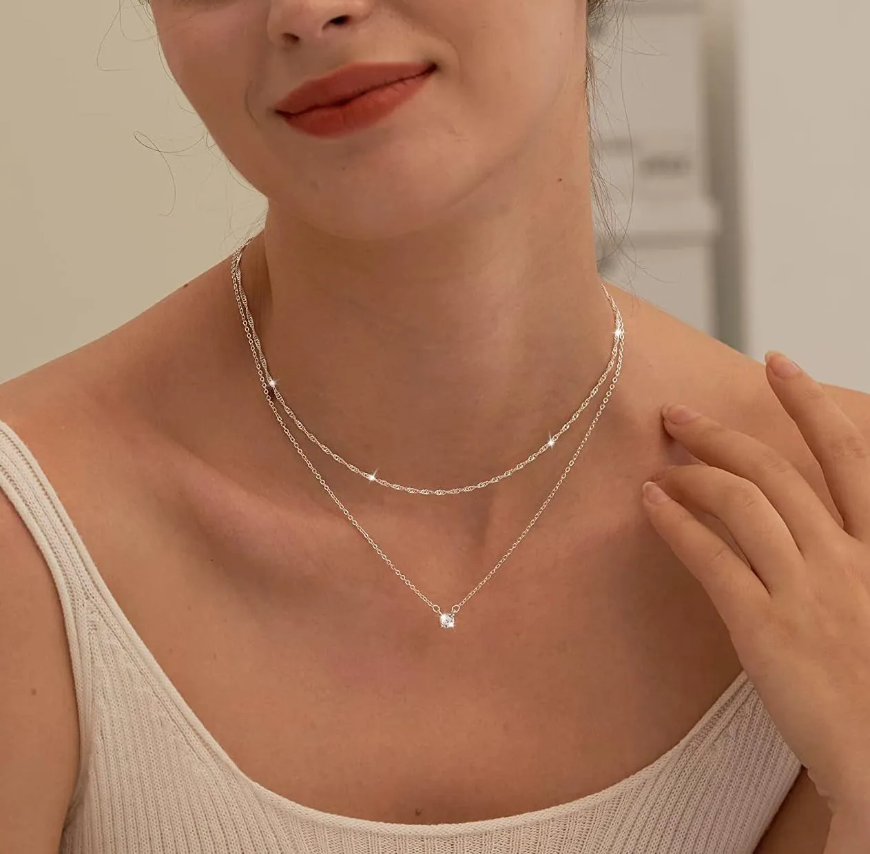 Tewiky Diamond Necklaces for Women, Dainty S925 Sterling Silver/ 14K Gold Choker Necklace Simple Silver CZ Jewelry Necklaces for Women Trendy Gifts
