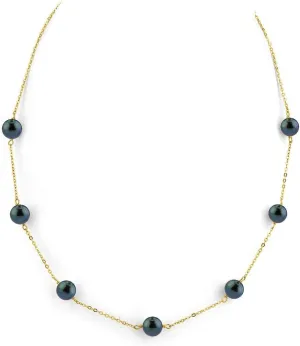 The Pearl Source 14K Gold 7.0-7.5mm Round Genuine Black Japanese Akoya Saltwater Cultured Pearl Tincup Necklace in 16" Choker Length for Women