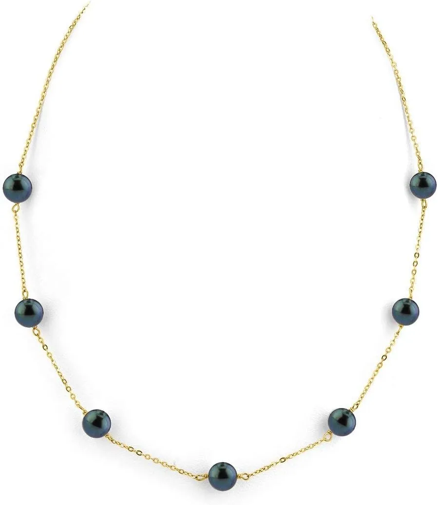 The Pearl Source 14K Gold 7.0-7.5mm Round Genuine Black Japanese Akoya Saltwater Cultured Pearl Tincup Necklace in 16" Choker Length for Women