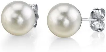 THE PEARL SOURCE Round White Freshwater Real Pearl Earrings in AAAA Quality for Women - 14k Gold Stud Earrings | Hypoallergenic Earrings with Genuine Cultured Pearls, 7.0-7.5mm