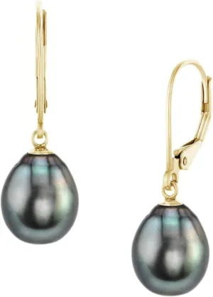 THE PEARL SOURCE Tahitian Real Pearl Earrings for Women - 14k Gold Leverback Earrings | Hypoallergenic Earrings with Genuine Drop Shape Tahitian Cultured Pearls, 9-10mm