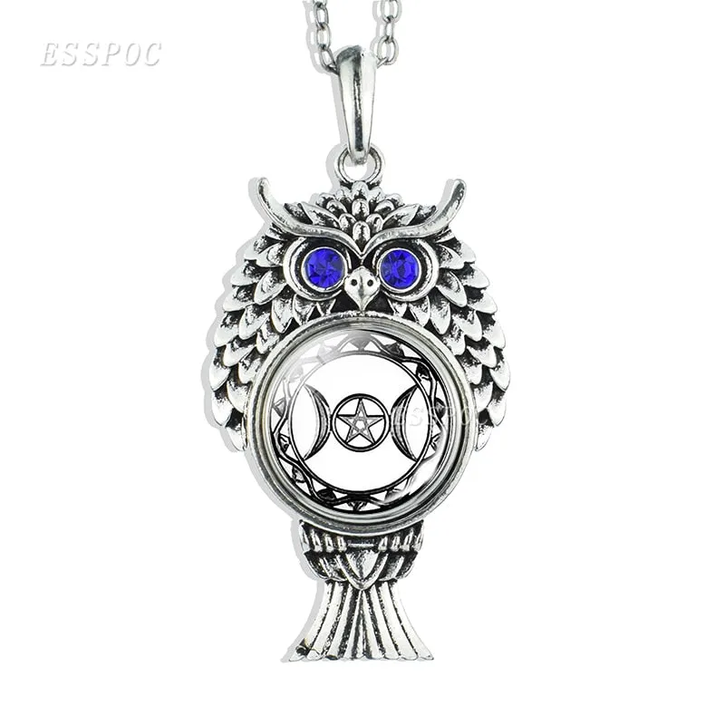 Triple Moon Goddess Necklace Silver Chain Owl Shape Pendant Wiccan Goth Jewerally