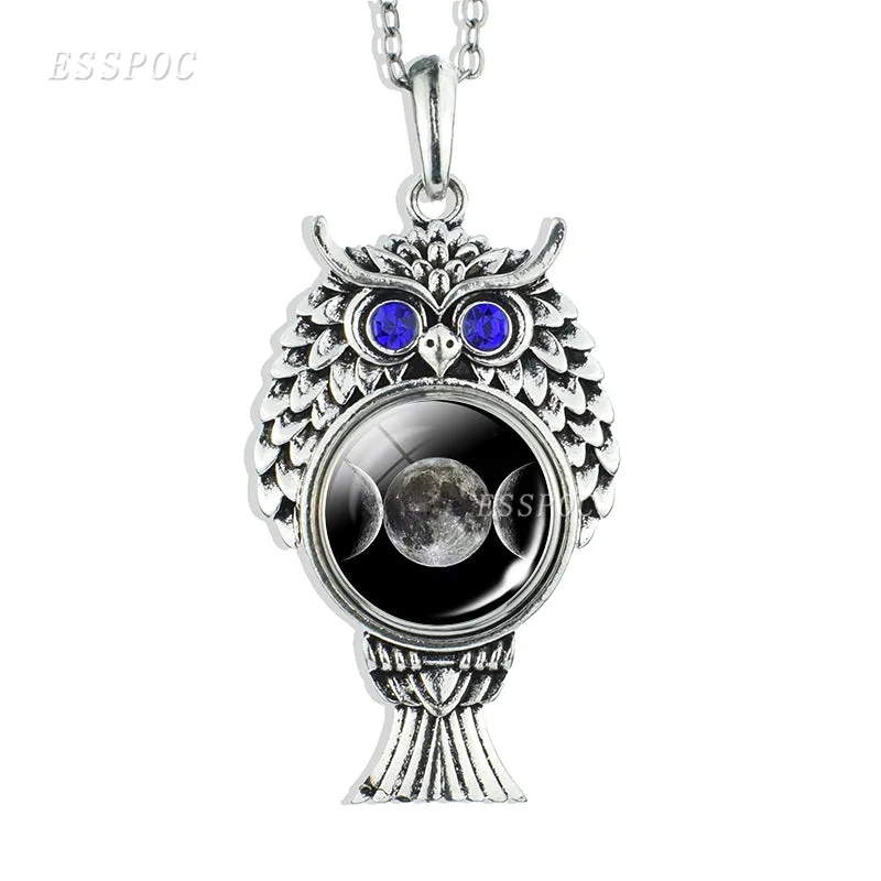 Triple Moon Goddess Necklace Silver Chain Owl Shape Pendant Wiccan Goth Jewerally