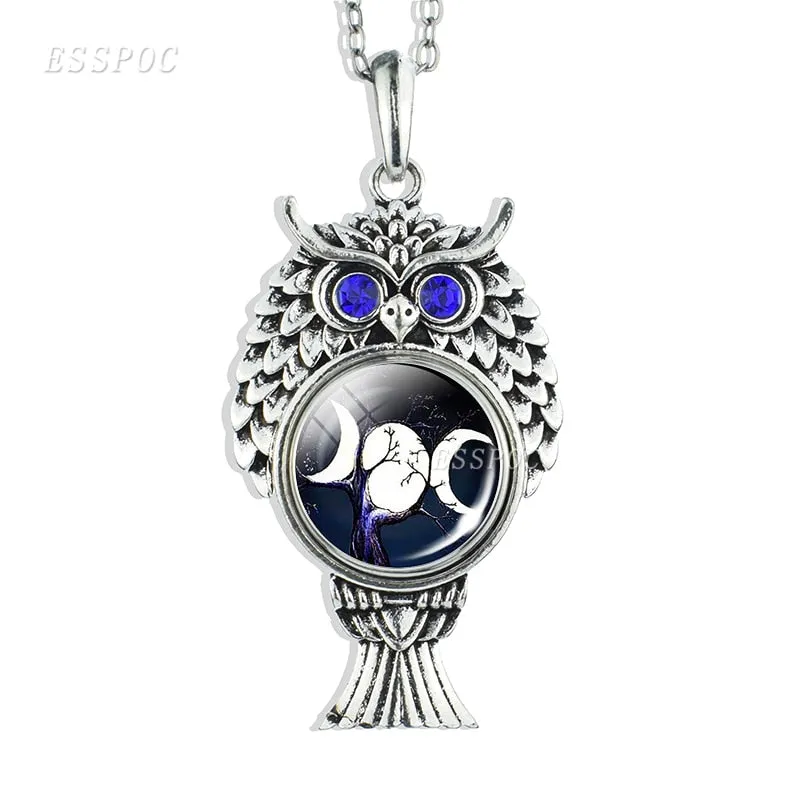 Triple Moon Goddess Necklace Silver Chain Owl Shape Pendant Wiccan Goth Jewerally