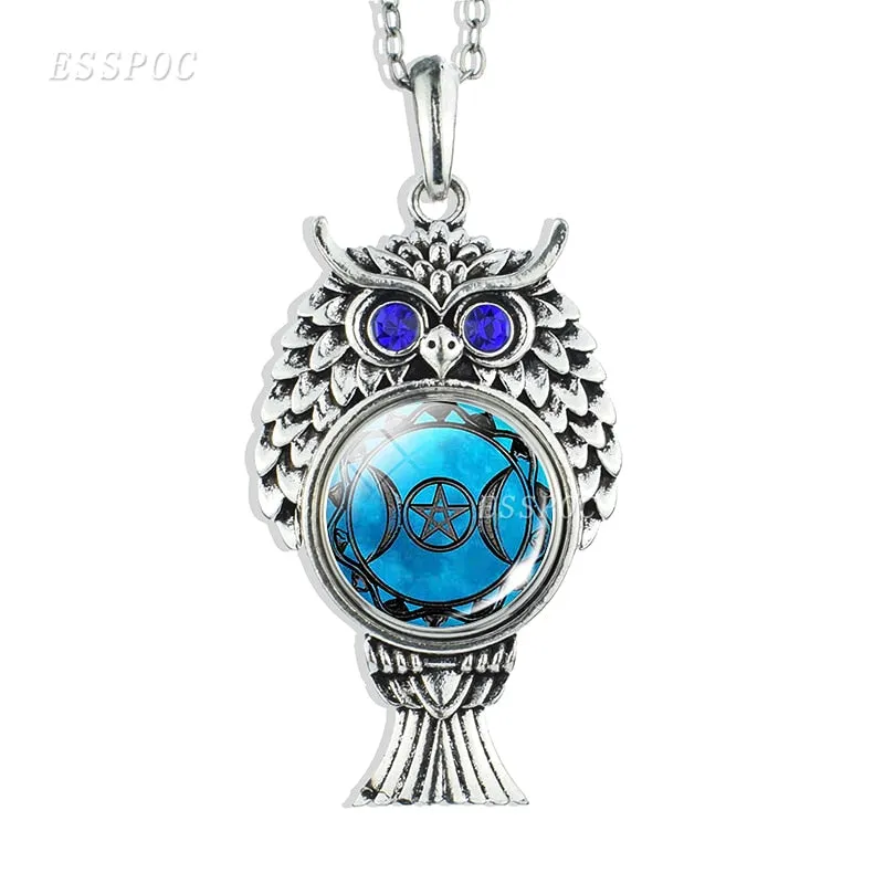 Triple Moon Goddess Necklace Silver Chain Owl Shape Pendant Wiccan Goth Jewerally