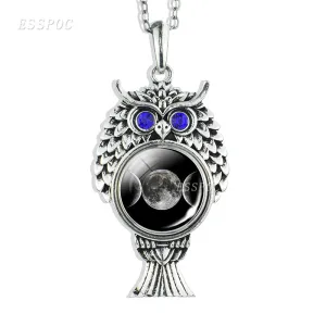Triple Moon Goddess Necklace Silver Chain Owl Shape Pendant Wiccan Goth Jewerally