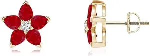 Ultimate Design 1.70 ctw Prong Set Ruby and Diamond Flower Stud Earrings Sterling Silver 14k Yellow Gold Finish