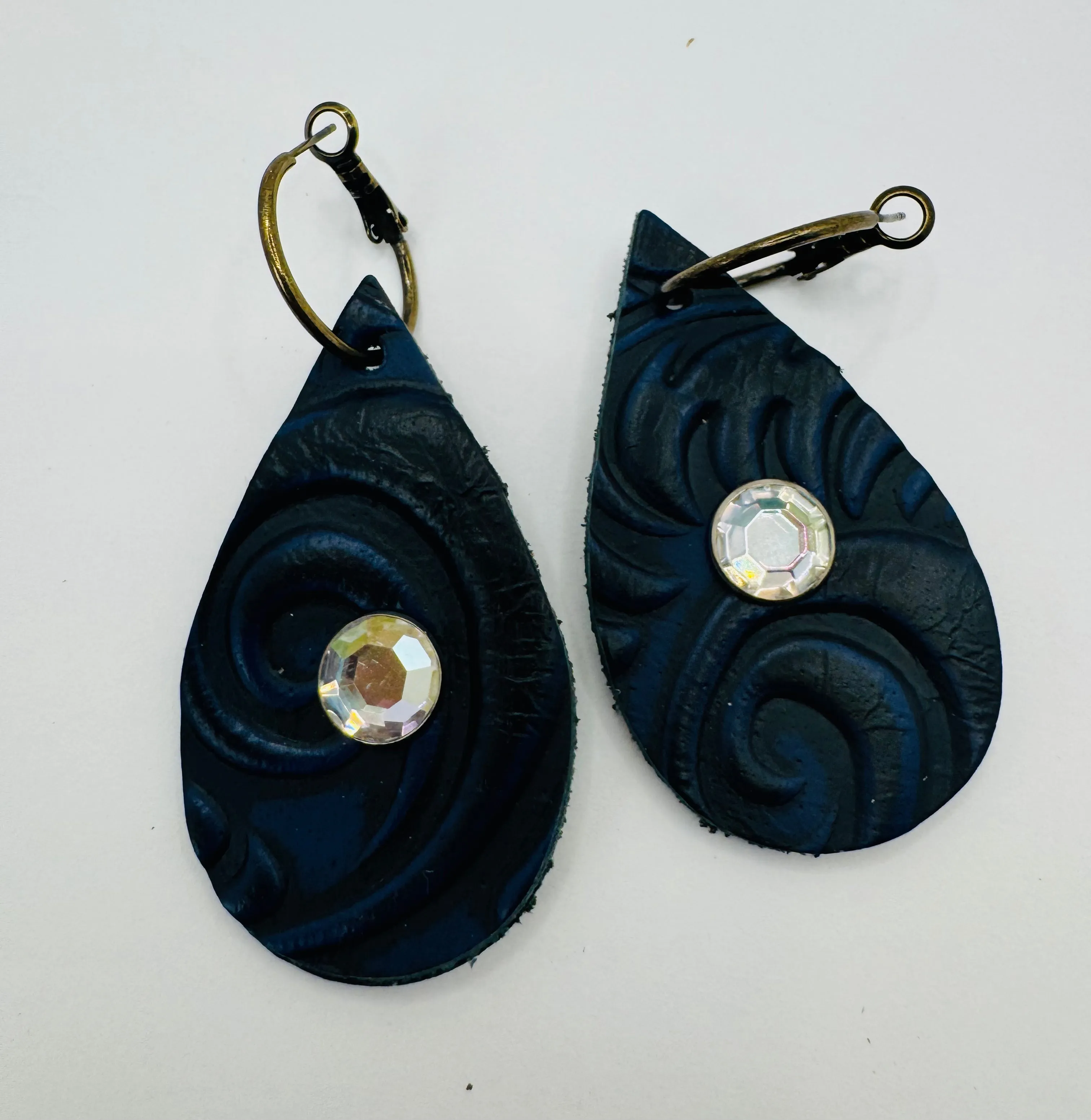Unique Earrings: Black and blue leather swirl