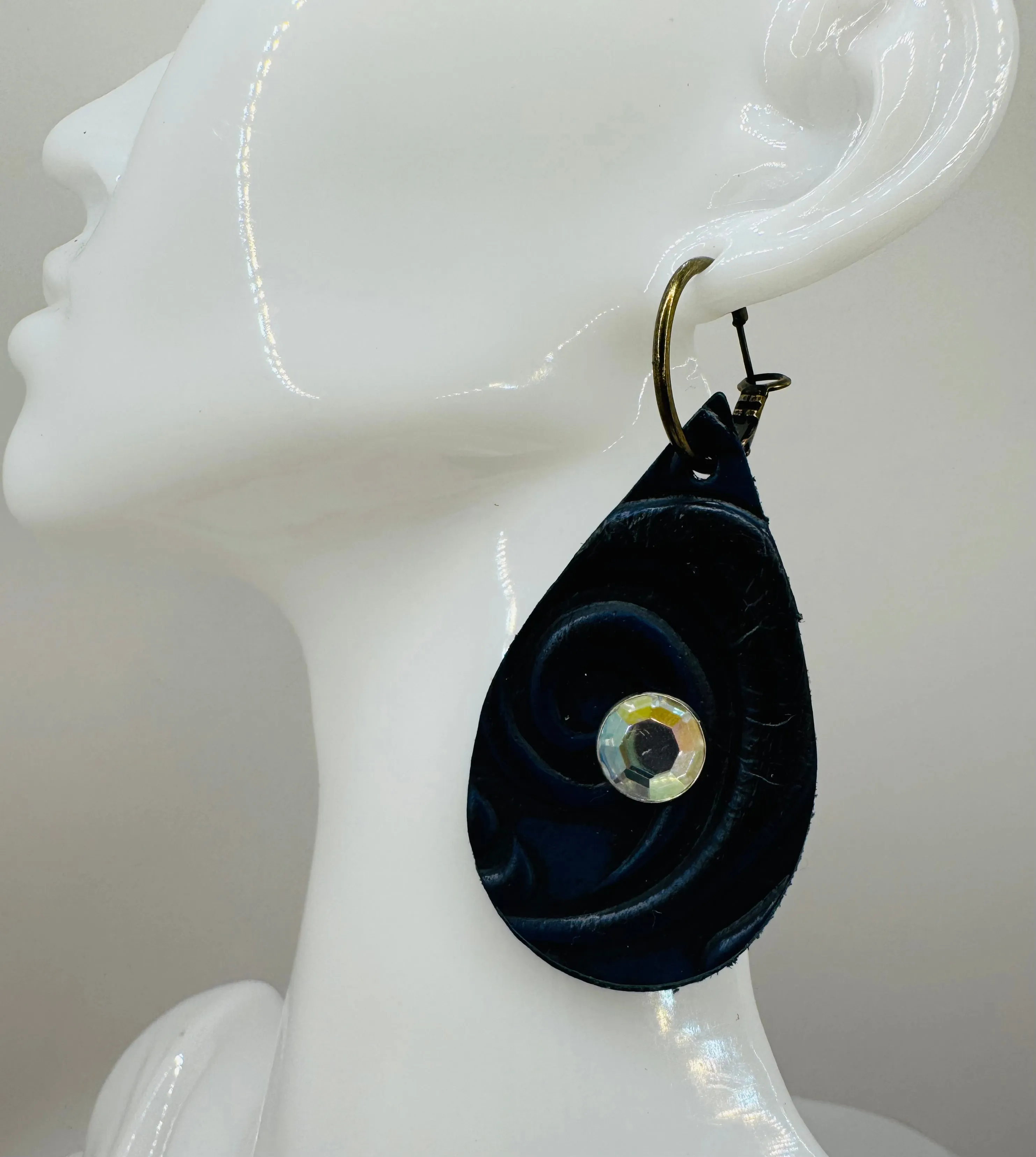 Unique Earrings: Black and blue leather swirl