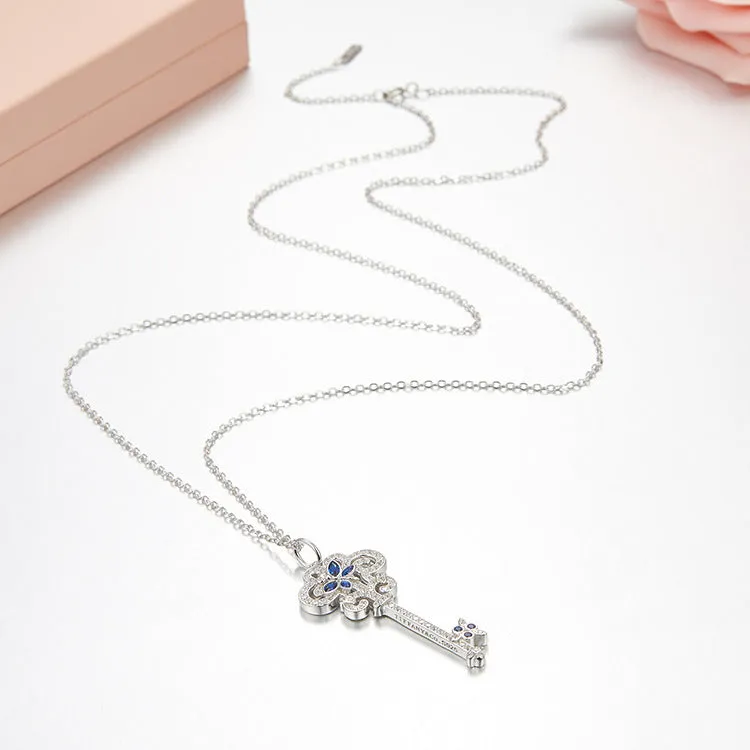 Unlock Happiness Enchant Dragonfly Sapphires Key Pendant Necklace