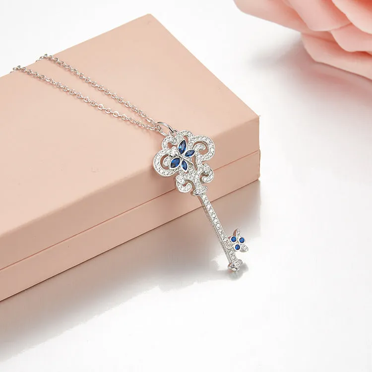 Unlock Happiness Enchant Dragonfly Sapphires Key Pendant Necklace