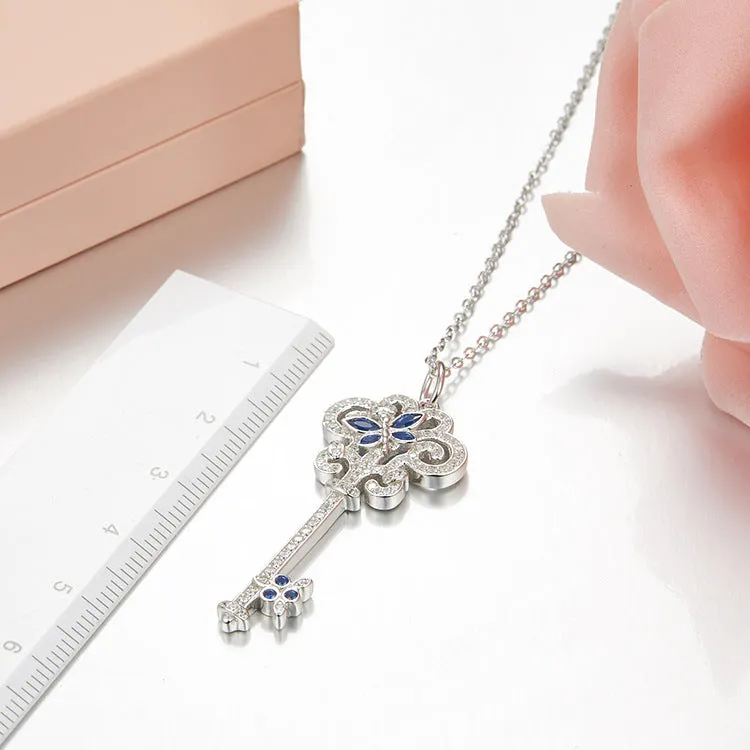 Unlock Happiness Enchant Dragonfly Sapphires Key Pendant Necklace