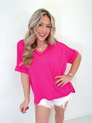 Vada V-Neck Hi-Low Ribbed Top - Hot Pink