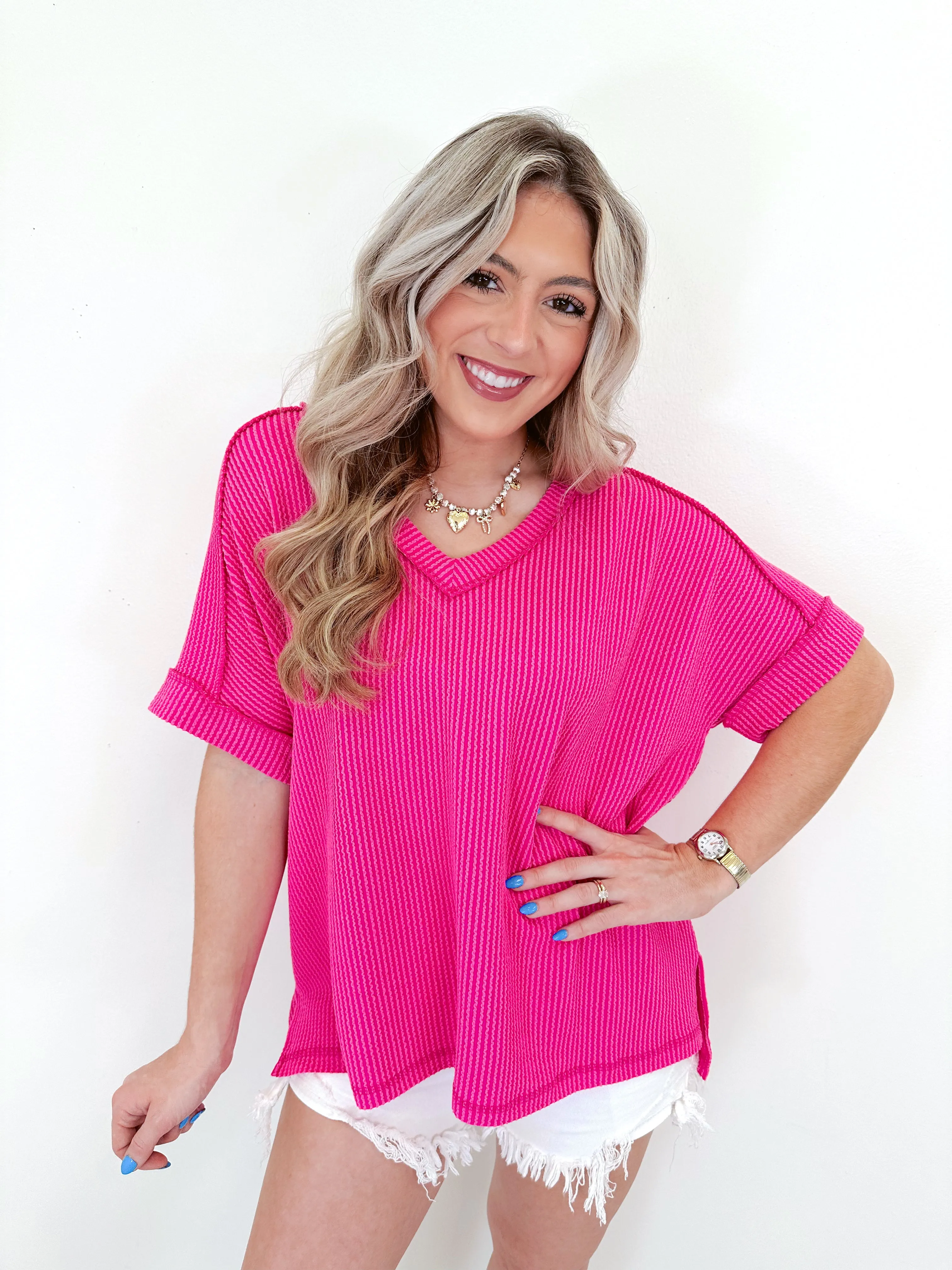 Vada V-Neck Hi-Low Ribbed Top - Hot Pink