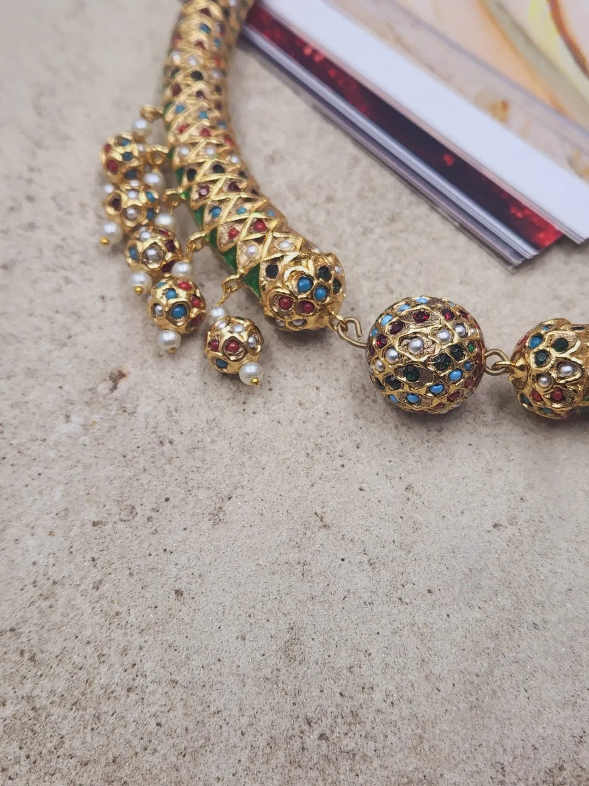 Vibrant Navaratan Jadau Sonamoti Hasli Choker Necklace