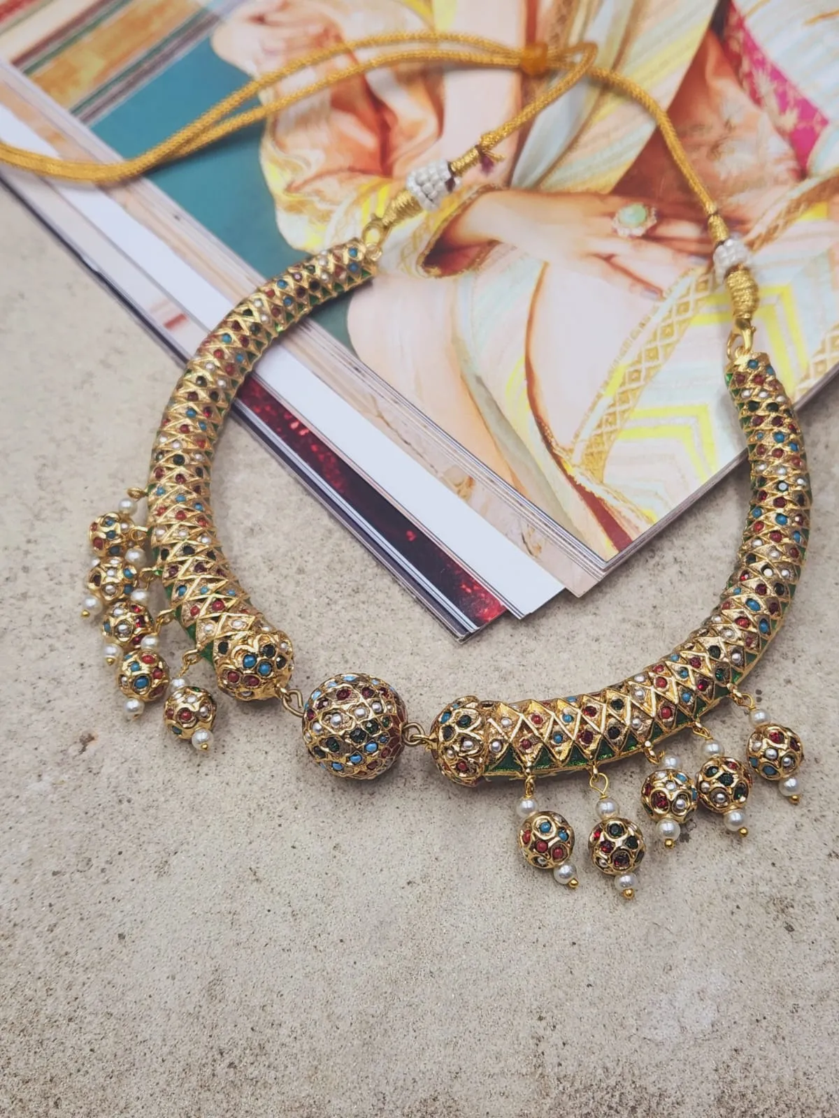 Vibrant Navaratan Jadau Sonamoti Hasli Choker Necklace