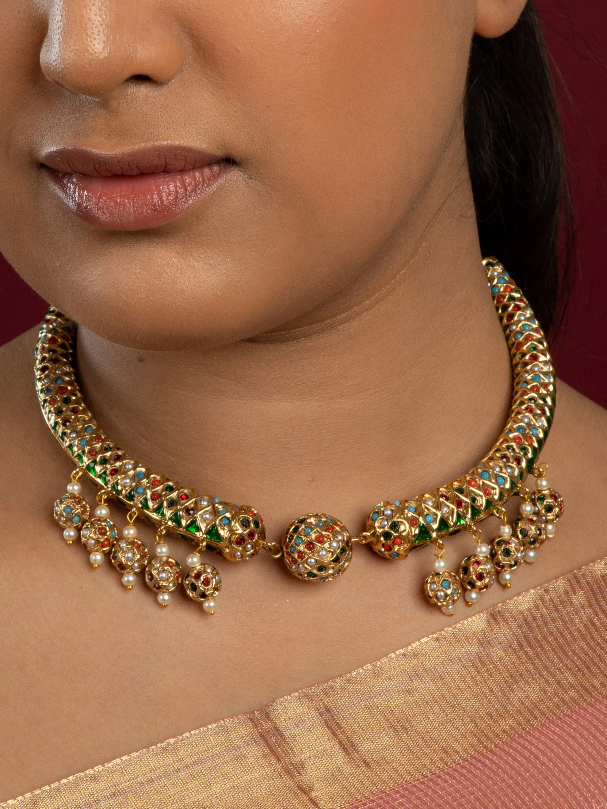 Vibrant Navaratan Jadau Sonamoti Hasli Choker Necklace