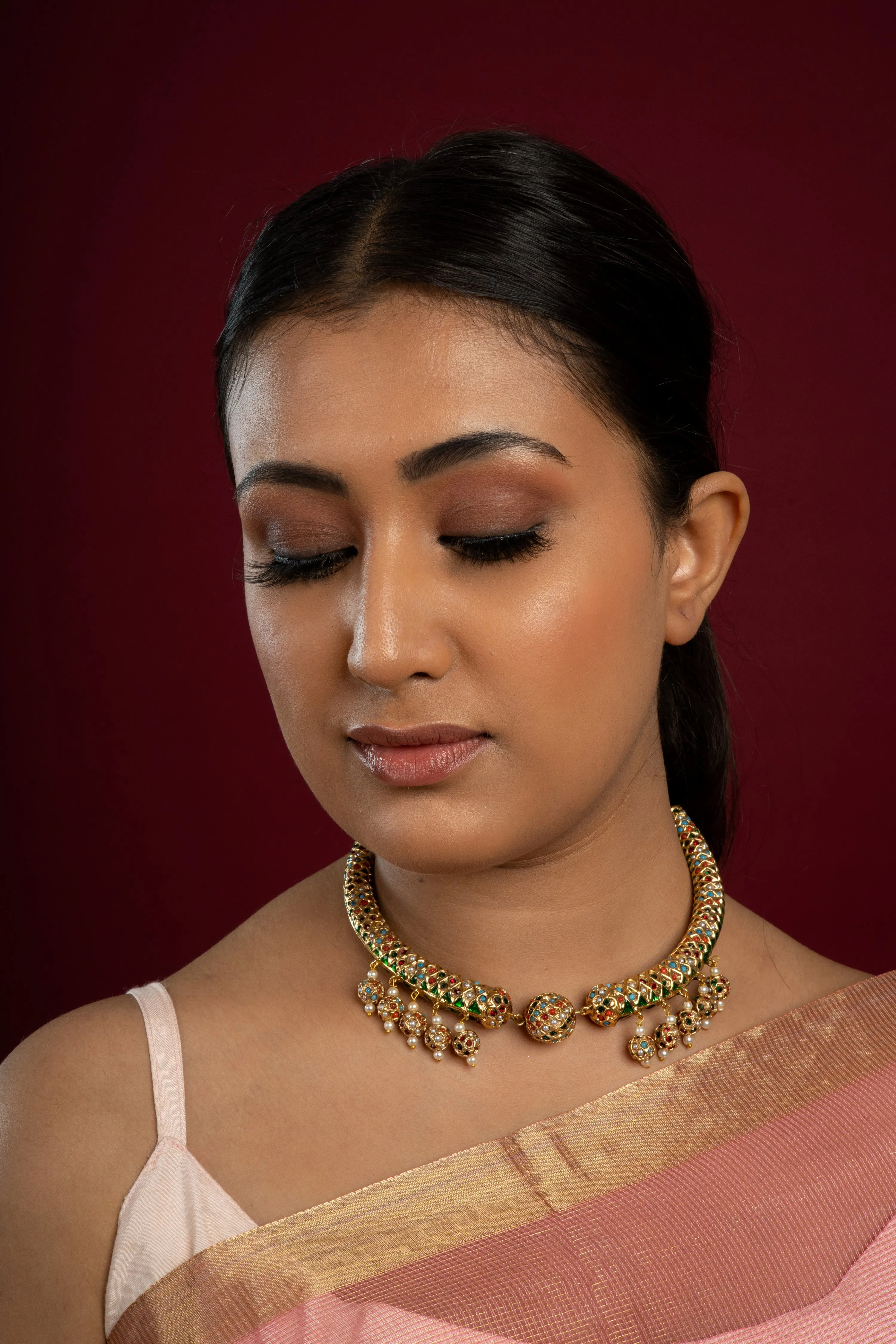 Vibrant Navaratan Jadau Sonamoti Hasli Choker Necklace