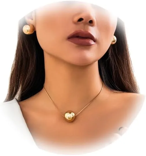 Vintage Big Ball Choker Necklaces Earrings Set for Women Silver/Gold Metal Thin Link Chain Clavicle Necklaces Summer Simple Body Jewelry