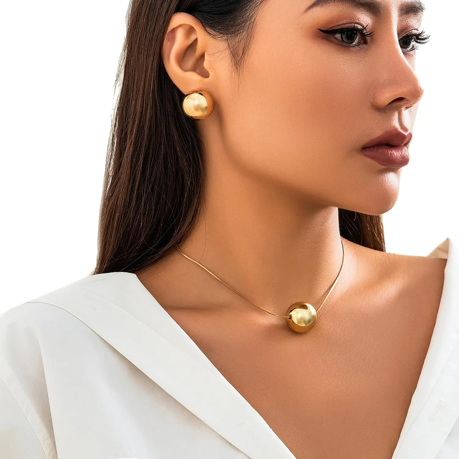 Vintage Big Ball Choker Necklaces Earrings Set for Women Silver/Gold Metal Thin Link Chain Clavicle Necklaces Summer Simple Body Jewelry