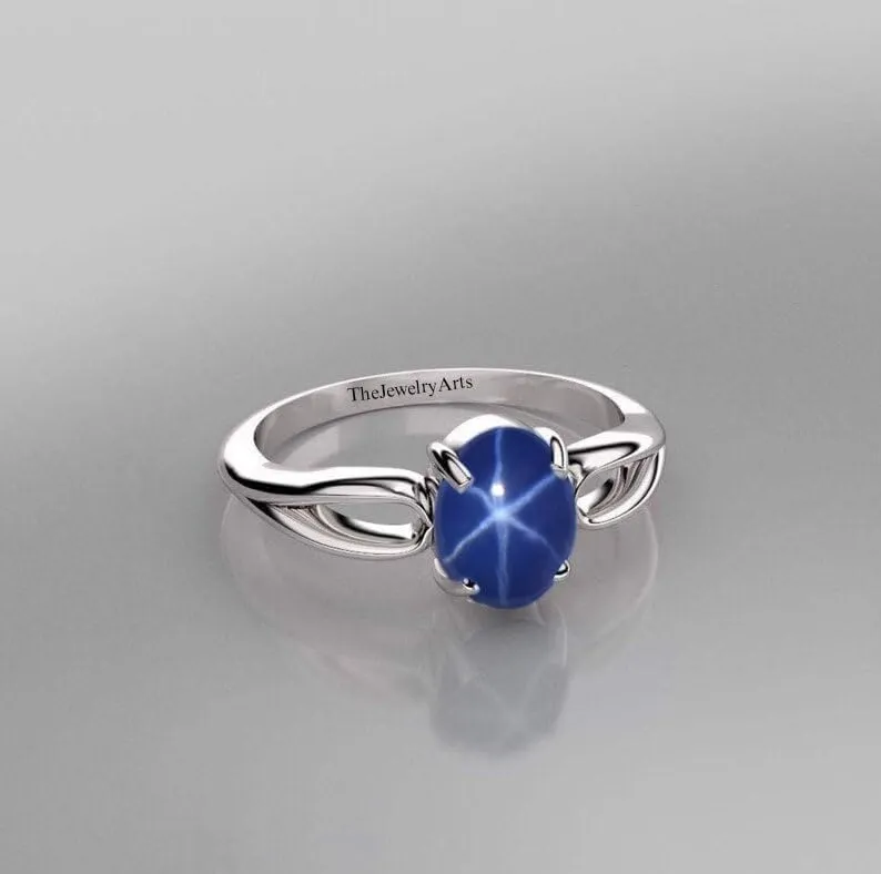 Vintage Lindy Star Engagement Ring for Women  Blue Star Sapphire in 925 Sterling Silver, Promise Ring