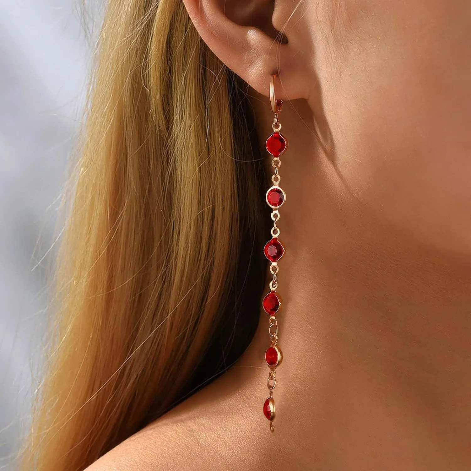 Vintage Long Ruby Dangle Earrings Gold Ruby Bead Earrings Red Crystal Drop Earrings Ruby Huggie Hoop Earrings Red Birthstone Earrings Jewelry for Women