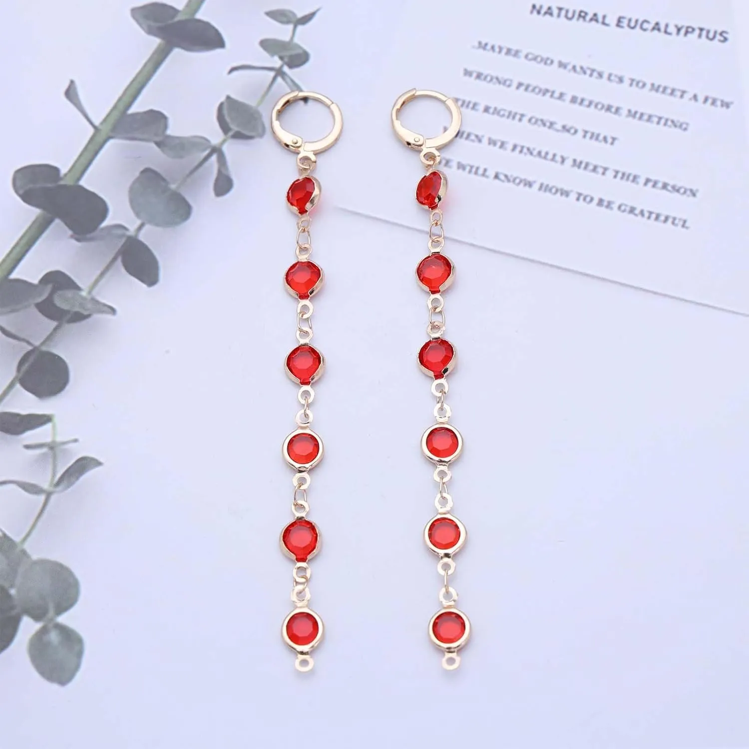 Vintage Long Ruby Dangle Earrings Gold Ruby Bead Earrings Red Crystal Drop Earrings Ruby Huggie Hoop Earrings Red Birthstone Earrings Jewelry for Women