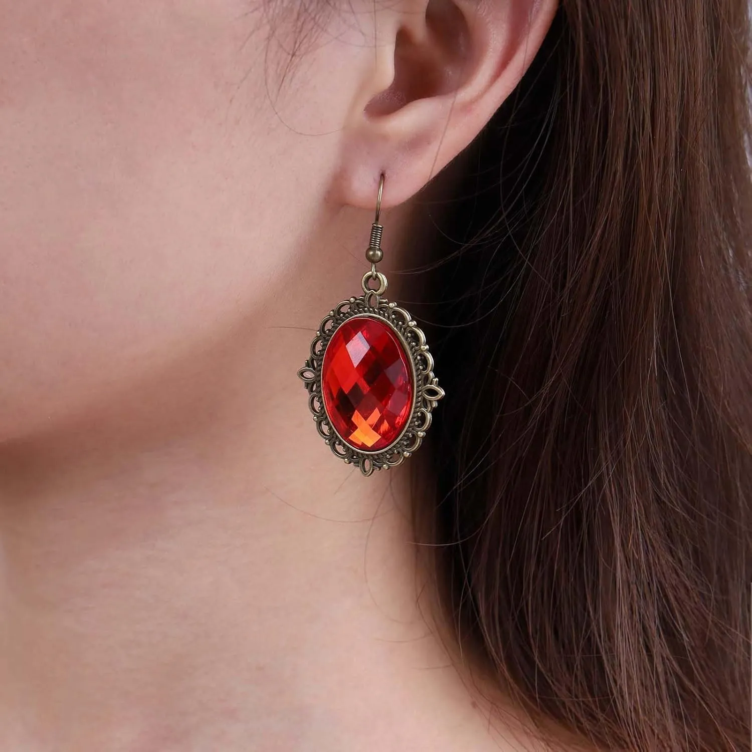 Vintage Oval Ruby Dangle Earrings Red Rhinestone Earrings Ruby Crystal Drop Earrings Victorian Ruby Gemstone Earring Jewelry for Women