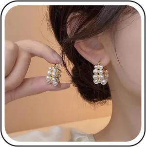 Vintage Pearl Hoop Earrings Gold Pearl Huggie Hoop Earrings Round Circle Pearl Earrings Chunky Wide Pearl Huggie Earrings Jewelry for Women