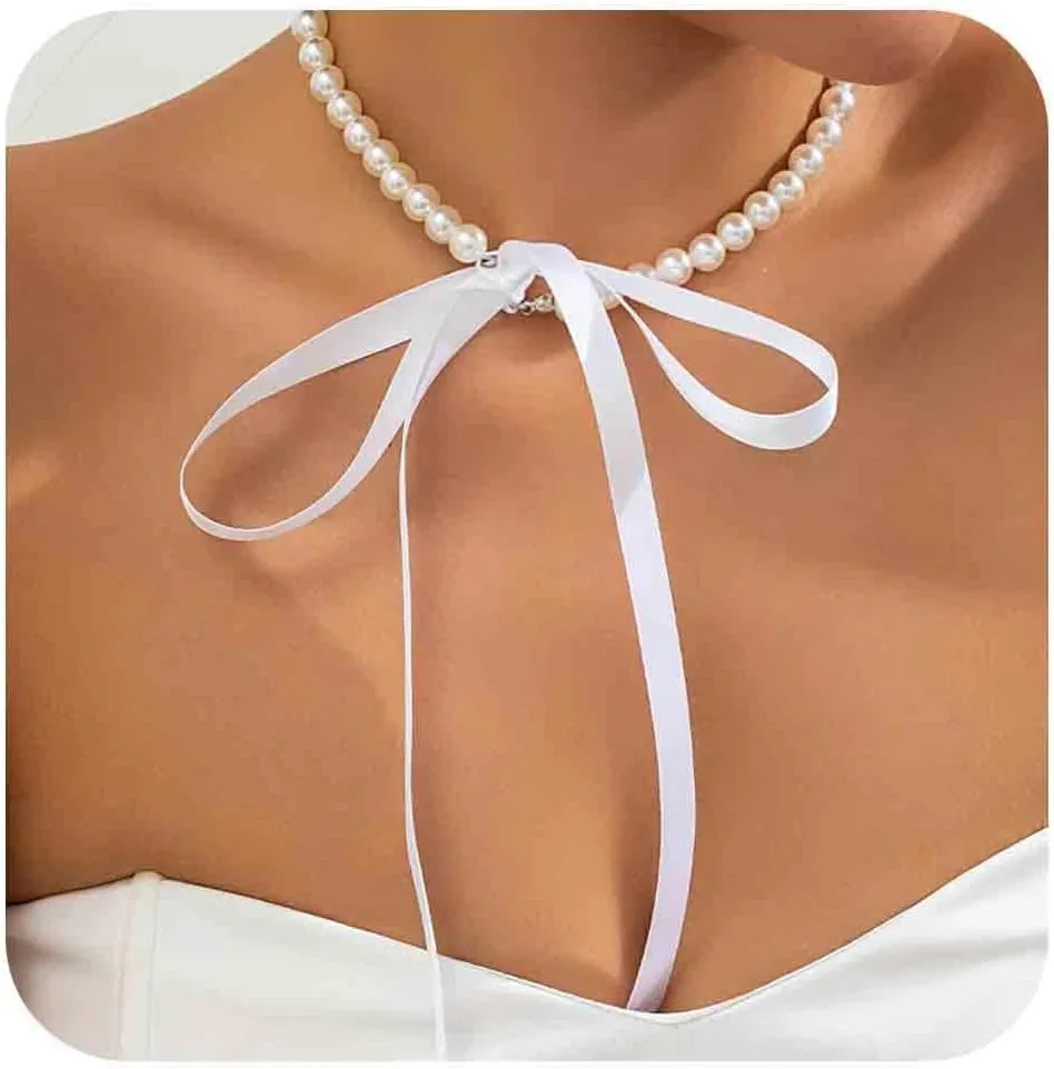 Vintage Pearl Ribbon Choker Necklace Black Ribbon Bow Necklace Round Pearl Long Bow Tie Up Necklaces Pearl Strand Collar Necklaces Jewelry for Women