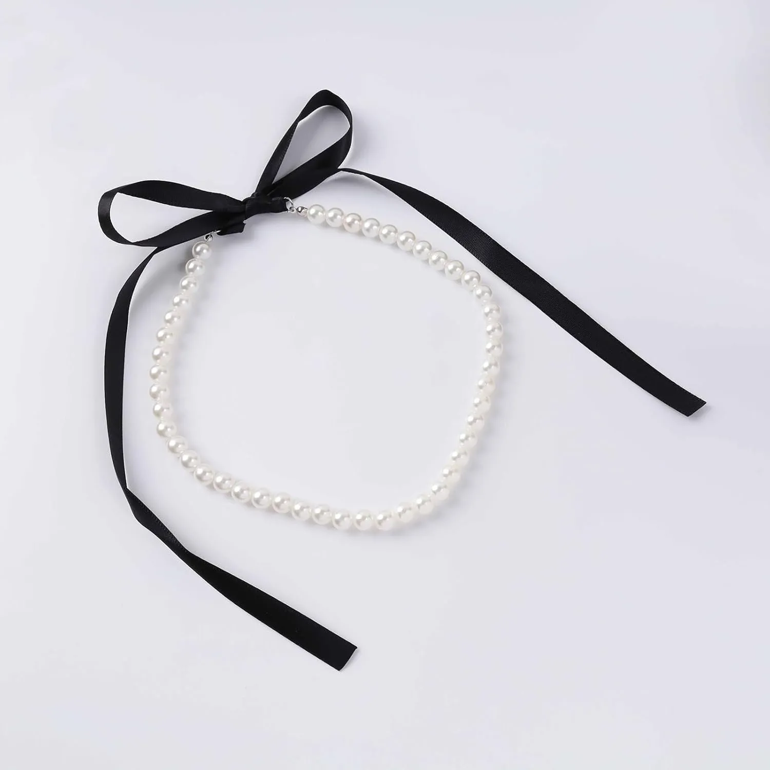 Vintage Pearl Ribbon Choker Necklace Black Ribbon Bow Necklace Round Pearl Long Bow Tie Up Necklaces Pearl Strand Collar Necklaces Jewelry for Women