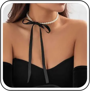 Vintage Pearl Ribbon Choker Necklace Black Ribbon Bow Necklace Round Pearl Long Bow Tie Up Necklaces Pearl Strand Collar Necklaces Jewelry for Women