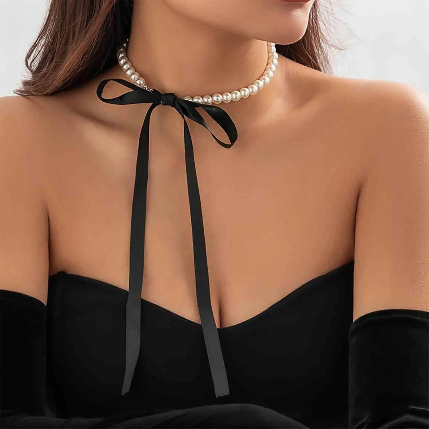 Vintage Pearl Ribbon Choker Necklace Black Ribbon Bow Necklace Round Pearl Long Bow Tie Up Necklaces Pearl Strand Collar Necklaces Jewelry for Women
