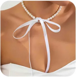 Vintage Pearl Ribbon Choker Necklace Black Ribbon Bow Necklace Round Pearl Long Bow Tie Up Necklaces Pearl Strand Collar Necklaces Jewelry for Women