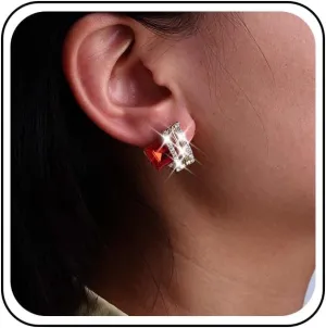 Vintage Ruby Square Stud Earrings Red Crystal Earrings Red Ruby Stud Earrings Gold Spiral Cz Earrings Jewelry for Women